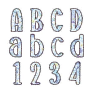 May include: A collection of uppercase and lowercase letters, along with numbers 1-4, each with a floral pattern in shades of blue and white. The letters and numbers are outlined with a dark brown, stitched border, creating a decorative effect against a white background.