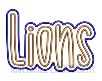 May include: A blue and brown outline of the word "Lions" in a stylized font.