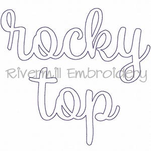 May include: Black and white embroidery design of the words "rocky top" in a cursive font.