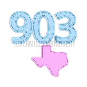 May include: Blue outlined numbers 903 with a pink outline of the state of Texas underneath.