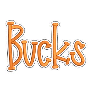 May include: Orange embroidered text that reads "Bucks" with a black outline. The letters are in a playful, rounded font, perfect for apparel or accessories.