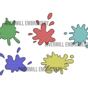 May include: Five colourful paint splatters in different shades of green, red, blue, purple, and yellow. The splatters are stylized to look like fabric with a woven texture.