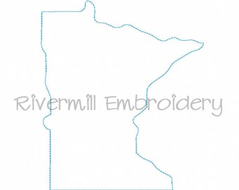 May include: Outline of the state of Minnesota, a blue dashed line on a white background. The text "Rivermill Embroidery" is below the outline.