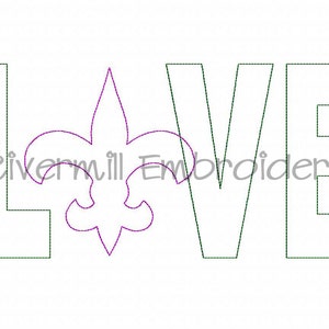 May include: A white outline of the word "LOVE" with a purple fleur-de-lis in the center of the "O".
