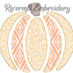 May include: A digital embroidery design of a pumpkin with a peach and white patterned design. The pumpkin is outlined in gold.
