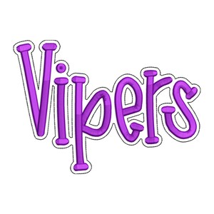 May include: Purple embroidered text that reads "Vipers" in a playful, rounded font. The letters are outlined in black and have a white border, set against a clean white background. The design is likely for apparel or team merchandise.