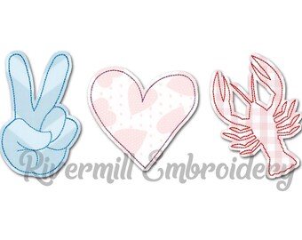 Raggy Applique Peace Love Crawfish Machine Embroidery Design - 4 Sizes - Instant Download PES DST Digital File Rivermill Embroidery
