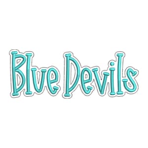 May include: Turquoise "Blue Devils" text with a white outline on a white background. The text is in a cursive, playful font, with a 3D effect. The design is suitable for apparel or accessories.