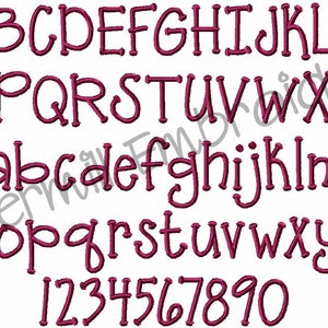 May include: A font alphabet with uppercase and lowercase letters and numbers in a pink color. The letters are stylized with rounded edges and a handwritten look.