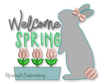 Welcome Spring Rabbit & Flowers Sketch Style Machine Embroidery Design - 3 Sizes
