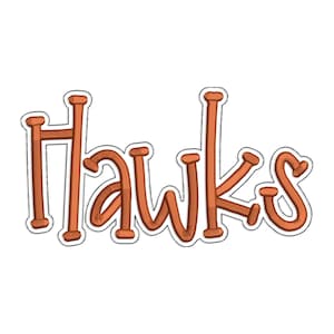 May include: A brown and white embroidered patch with the word "Hawks" in a stylized font. The letters are outlined in white and have a 3D effect, giving them a raised appearance. The patch is on a white background.