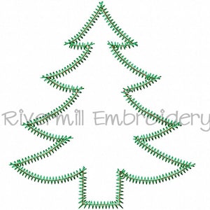 May include: Green outline of a Christmas tree with a zig-zag stitch design.