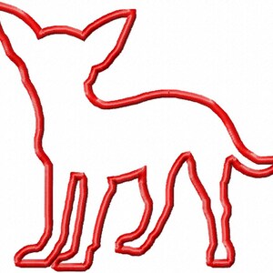 May include: Red outline silhouette of a chihuahua dog.