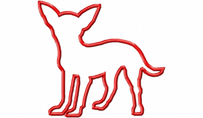 May include: Red outline silhouette of a chihuahua dog.