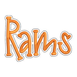 May include: Orange embroidered word "Rams" with a black outline, set against a white background. The letters have a rounded, playful font, suggesting a team or school logo. The embroidery gives a textured appearance.