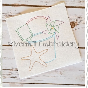 May include: Embroidered design of a bucket, shovel, starfish, and a pinwheel. The design is in shades of blue, green, red, and orange.