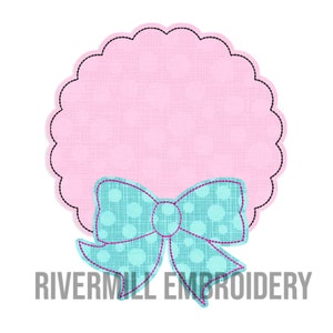 May include: A pink scalloped circle with a blue and white polka dot bow. The bow has a plaid pattern and a pink centre.