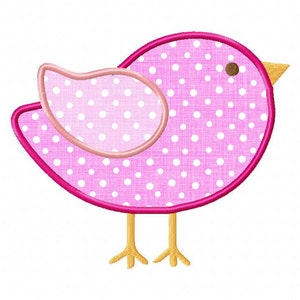 May include: A pink bird with white polka dots and yellow feet. The bird has a pink wing and a brown eye.