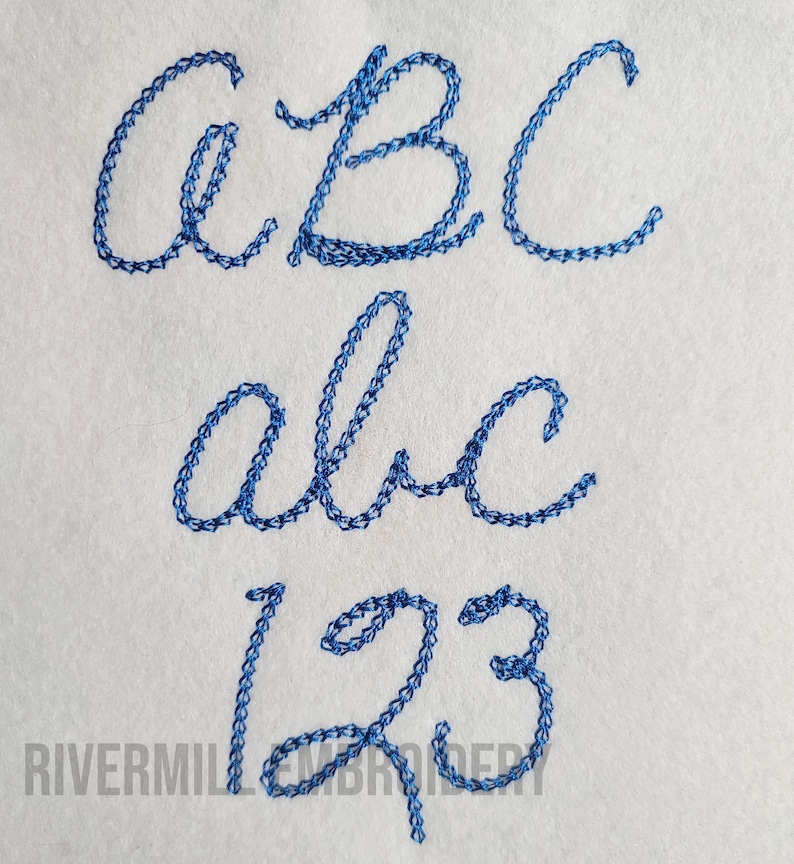 Pu&ograve; includere: Lettere ricamate blu a, b, c, a, b, c, 1, 2, 3 su uno sfondo di tessuto bianco. Il testo "Rivermile Embroidery" &egrave; visibile nella parte inferiore dell'immagine.