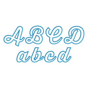 Peut inclure: Sur fond blanc, les lettres cursives bleues A, B, C et D, ainsi que les minuscules a, b, c et d, sont présentées. Les lettres ont un design à double ligne, avec un intérieur bleu clair et un contour bleu plus foncé.