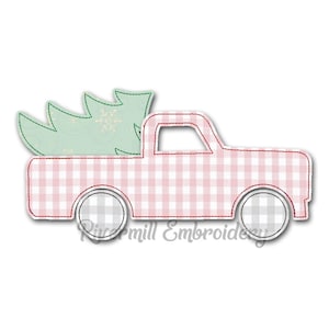 May include: A pink and white gingham pickup truck with a green Christmas tree in the bed. The truck has black wheels and a red outline.