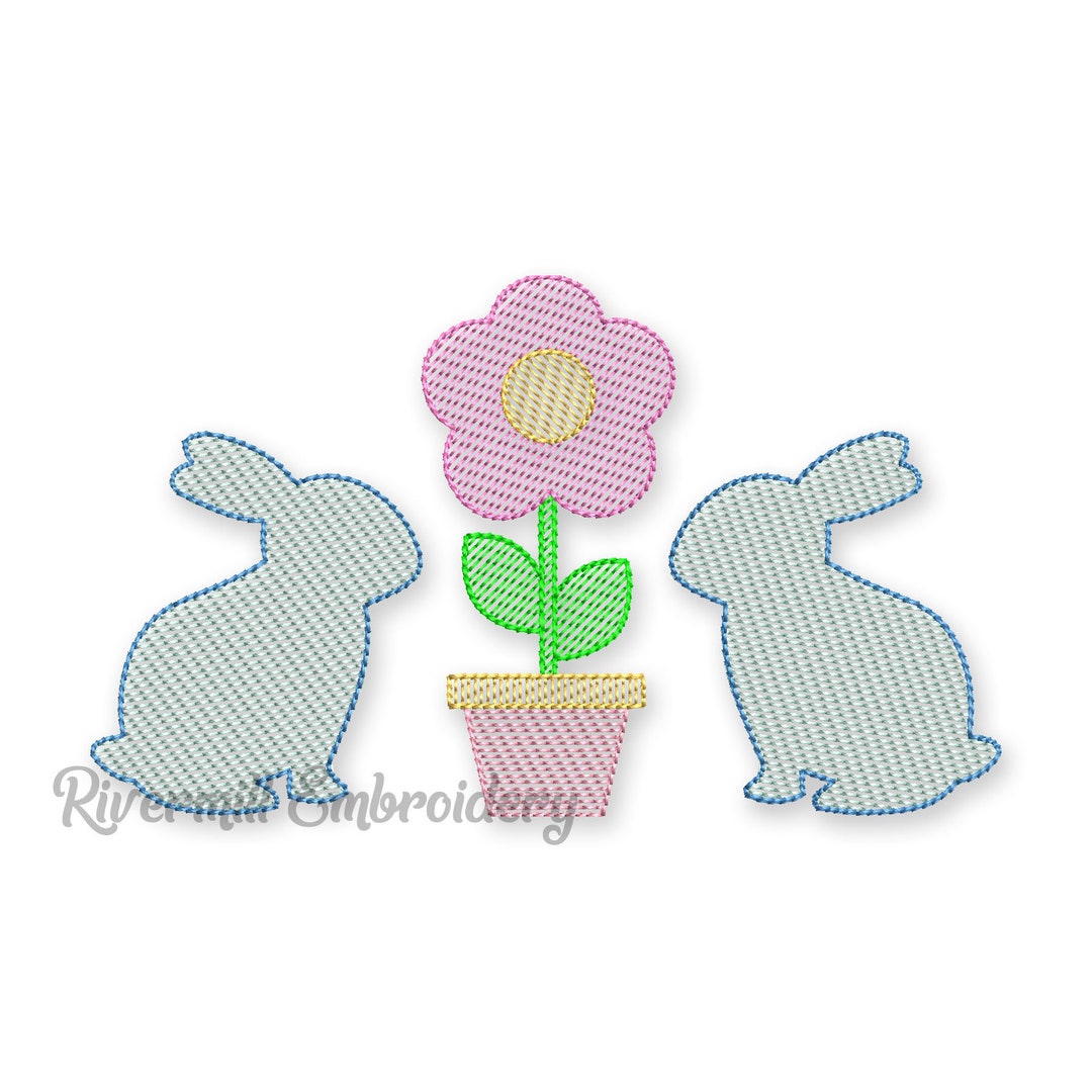 Sketch Style Bunnies & Flower Pot Machine Embroidery Design - Etsy