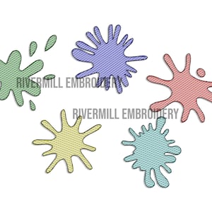 May include: Five colourful paint splatters in different shades of green, blue, red, yellow, and teal. Each splatter has a textured pattern.