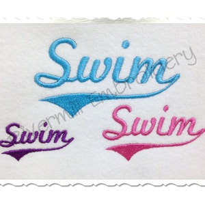 May include: Three embroidered designs of the word "Swim" in different colours: blue, pink, and purple. Each design has a curved, stylised font.