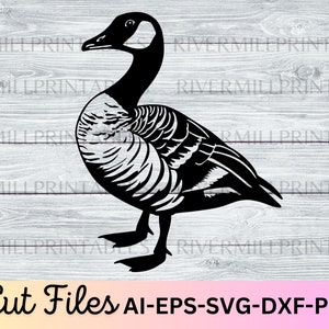 May include: Black and white silhouette of a goose with its head turned to the left. The goose is facing the left side of the image. The goose has a long neck and a long beak. The goose is standing on a white wooden background.