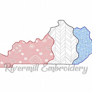 May include: An embroidery design of the state of Kentucky, divided into three sections. The left section is pink with a white paisley pattern, the center section is gray with a white chevron pattern, and the right section is light blue with a white polka dot pattern. The design includes the text "Rivermill Embroidery".