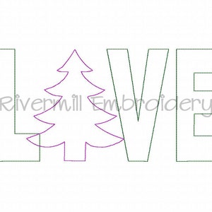 May include: A green outline of the word "LOVE" with a white outline of a Christmas tree in the middle of the "L".