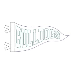 May include: A white pennant with the word "BULLDOGS" in green outlined letters. The pennant has a blue border and is designed with a stitched effect. The pennant has two white tabs on the left side.