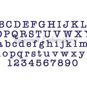 May include: A font alphabet with uppercase and lowercase letters and numbers in a typewriter style. The letters are dark blue and outlined in black.