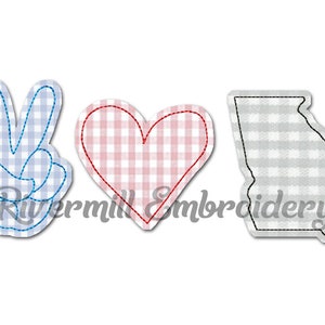May include: Three embroidered patches in a row. The first is a blue peace sign with a white checkered pattern. The second is a red heart with a white checkered pattern. The third is a gray outline of the state of Georgia with a white checkered pattern.