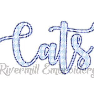 May include: A blue and white patterned embroidery design of the word "cats" in a cursive font.