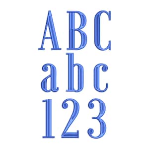 May include: Blue embroidered letters and numbers against a white background. The image displays the uppercase letters A, B, and C, lowercase letters a, b, and c, and the numbers 1, 2, and 3. The font has a textured, stitched appearance.