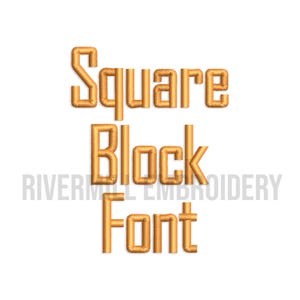 May include: Gold-colored embroidered text on a white background. The text reads "SQUARE BLOCK FONT" in a bold, blocky style. The words are stacked vertically, with "SQUARE" at the top, "BLOCK" in the middle, and "FONT" at the bottom. The text is slightly raised, giving it a 3D effect.
