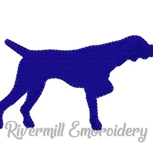 Puede incluir: Una silueta azul sólida de un perro Braco Alemán de Pelo Corto de pie con la pata derecha levantada. El perro está mirando hacia el lado derecho de la imagen. La imagen está sobre un fondo blanco.