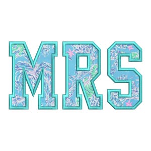May include: Embroidered letters spelling "MRS" in a collegiate style. The letters are filled with a tropical floral pattern in shades of blue, green, and pink, outlined in a teal color. The design is set against a white background.
