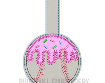 Baseball or Softball With Ice Cream Drips In The Hoop Snap Tab Key Fob Machine Embroidery Design