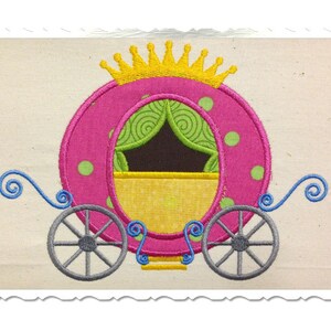 May include: A pink and green carriage with a gold crown on top. The carriage has two wheels and a yellow interior. The carriage is embroidered on a beige fabric.