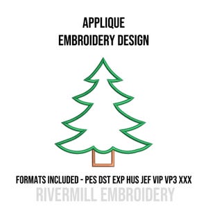 Puede incluir: Diseño de bordado de aplique verde y blanco de un árbol de Navidad. El diseño incluye el texto "APPLIQUE EMBROIDERY DESIGN" en la parte superior y "FORMATS INCLUDED - PES DST EXP HUS JEF VIP VP3 XXX" en la parte inferior. También está presente el logotipo de Rivermill Embroidery.