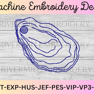 May include: A blue machine embroidery design of an oyster shell on a white wood background. The design includes the text "DST-EXP-HUS-JEF-PES-VIP-VP3-XXX".