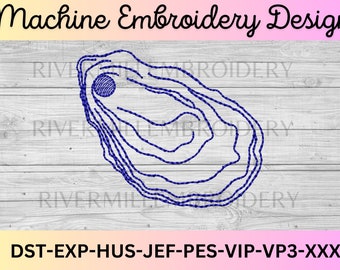 May include: A blue machine embroidery design of an oyster shell on a white wood background. The design includes the text "DST-EXP-HUS-JEF-PES-VIP-VP3-XXX".
