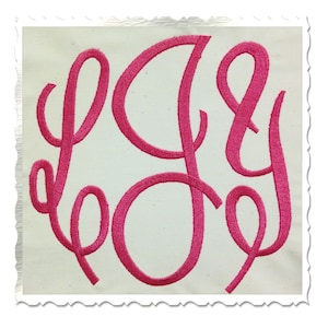 May include: Pink embroidered monogram with the letters L, J, and Y in a cursive script font.