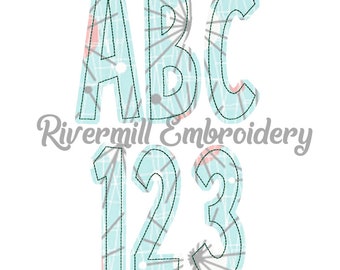 Könnte beinhalten: Ein Satz Applikationsbuchstaben und -zahlen im Retro-Stil mit einem geometrischen Muster in Blau und Rosa. Die Buchstaben sind A, B und C. Die Zahlen sind 1, 2 und 3. Der Text "Rivermill Embroidery" befindet sich unter den Buchstaben und Zahlen.