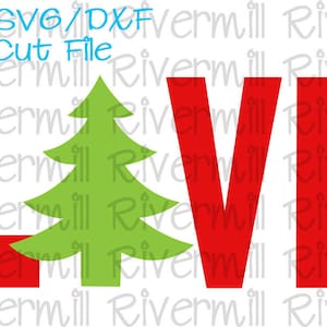 May include: Red and green cut file design of the word "LOVE" with a Christmas tree replacing the "O". The design is for a craft project, such as a vinyl decal or a stencil.