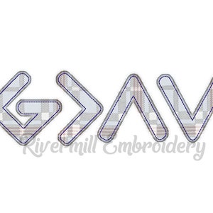 May include: A blue and white plaid design of the letters "G>AV" in a geometric font.