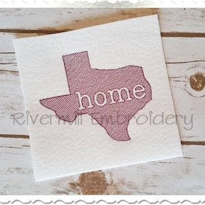 May include: Embroidered design of the state of Texas with the word "home" inside the outline. The design is in maroon on a white background.