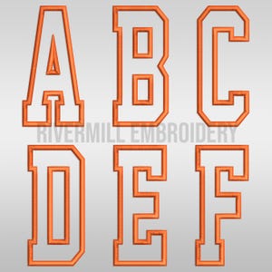 May include: Orange embroidered letters A, B, C, D, E, and F in a collegiate style. The letters are outlined with a thick stitch, and the text "RIVERMILL EMBROIDERY" is at the bottom.
